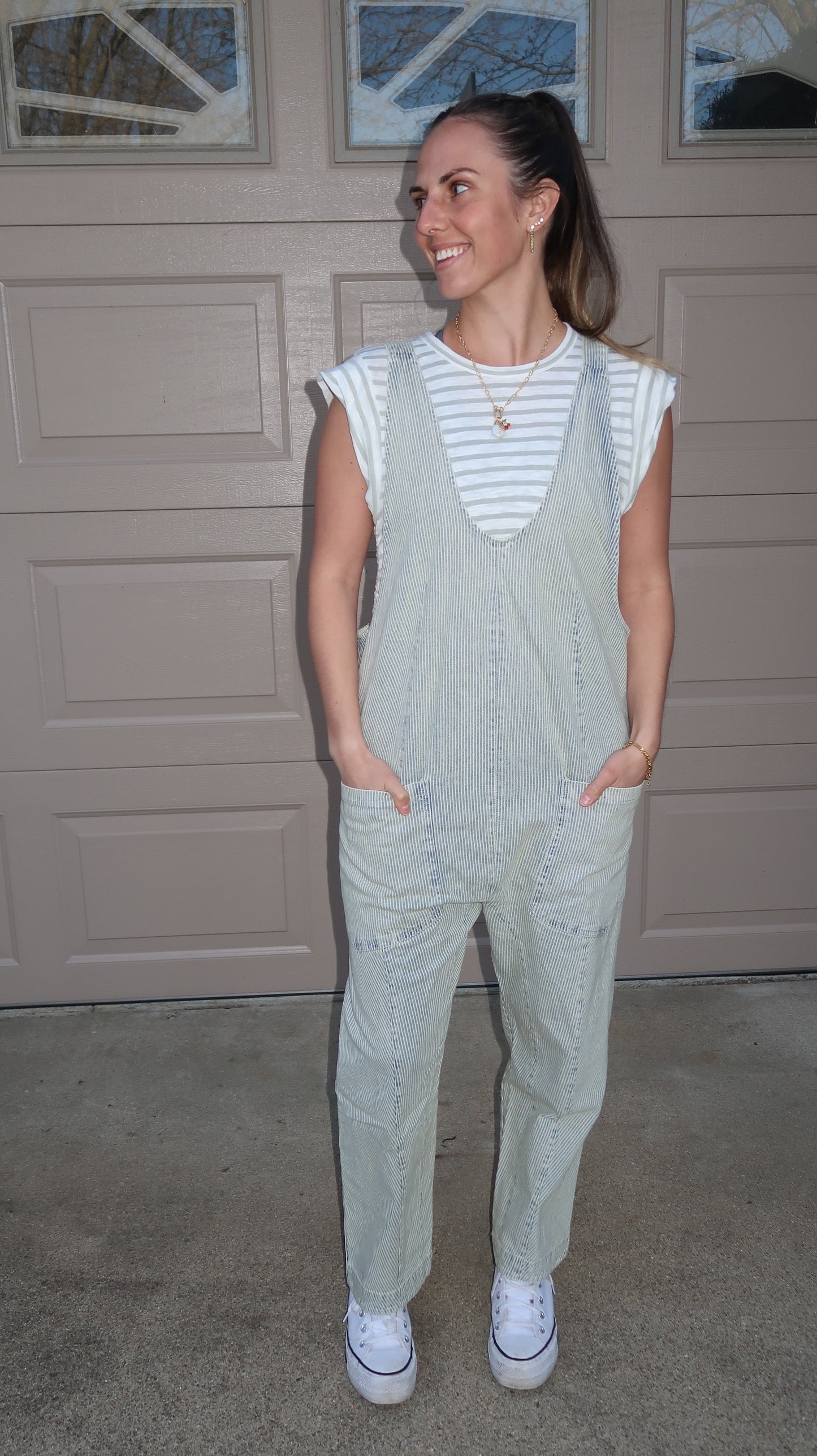 denim pinstripe jumpsuit