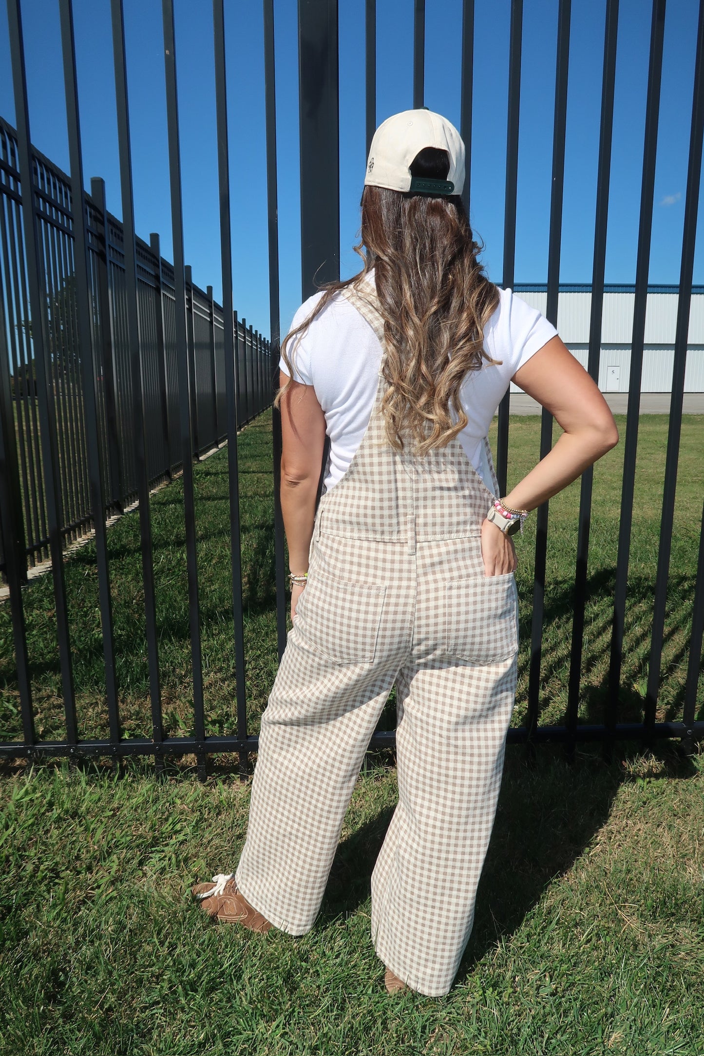 gingham denim overalls