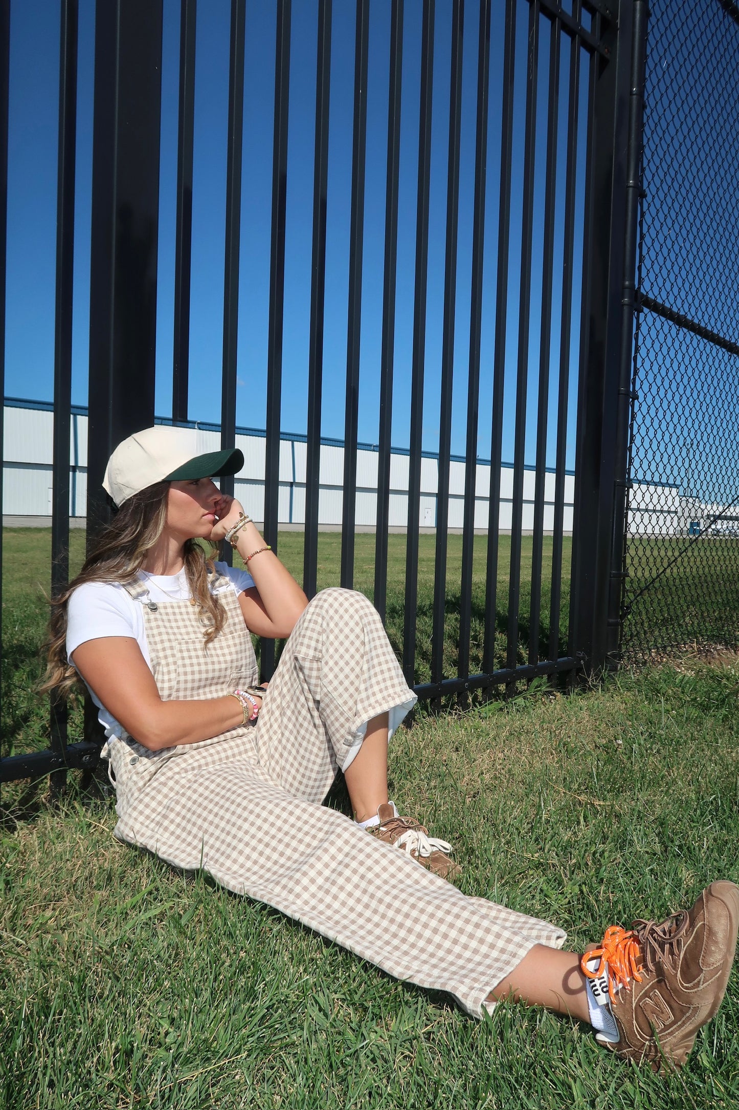 gingham denim overalls