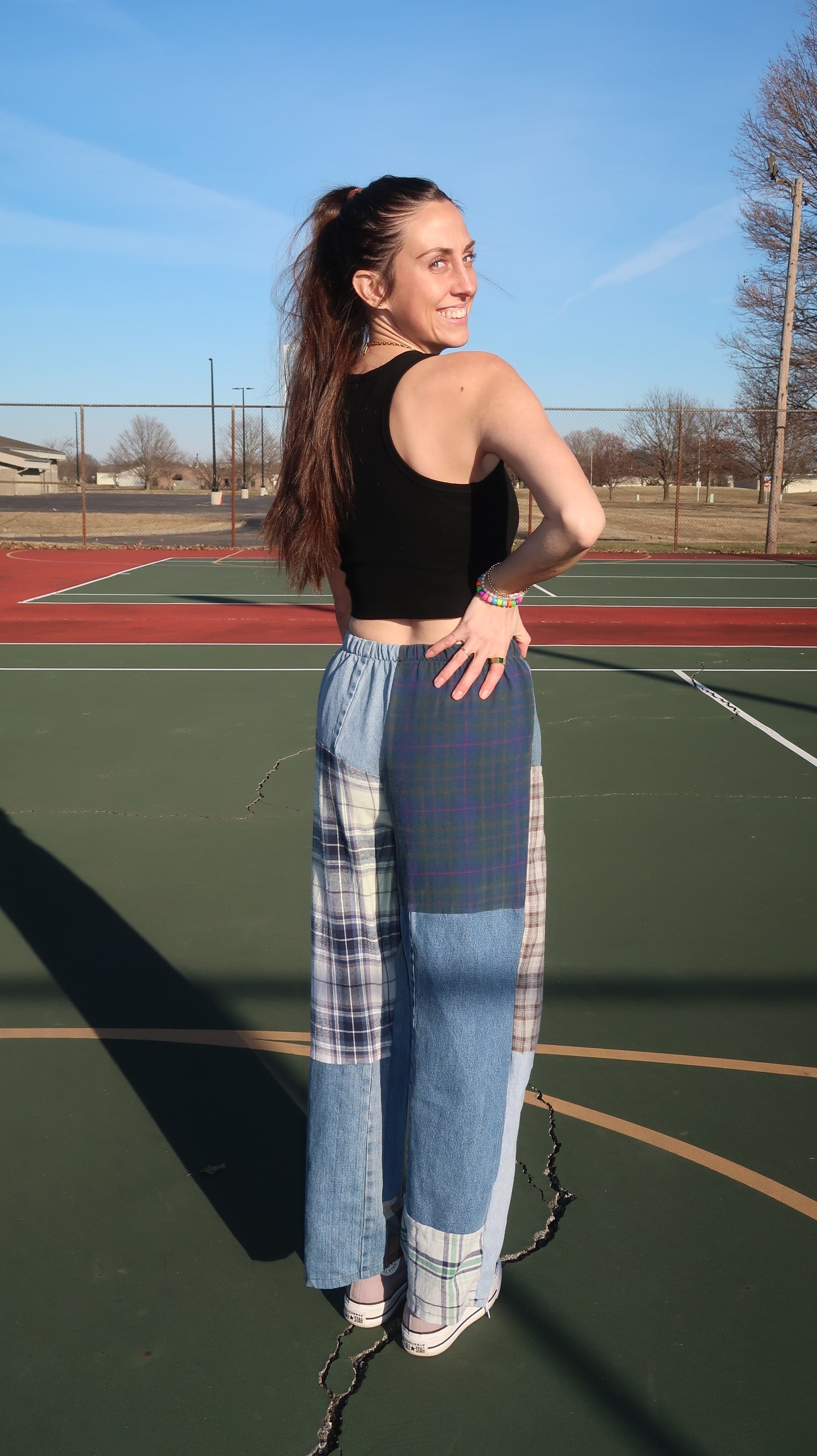 denim patchwork pants- S/M