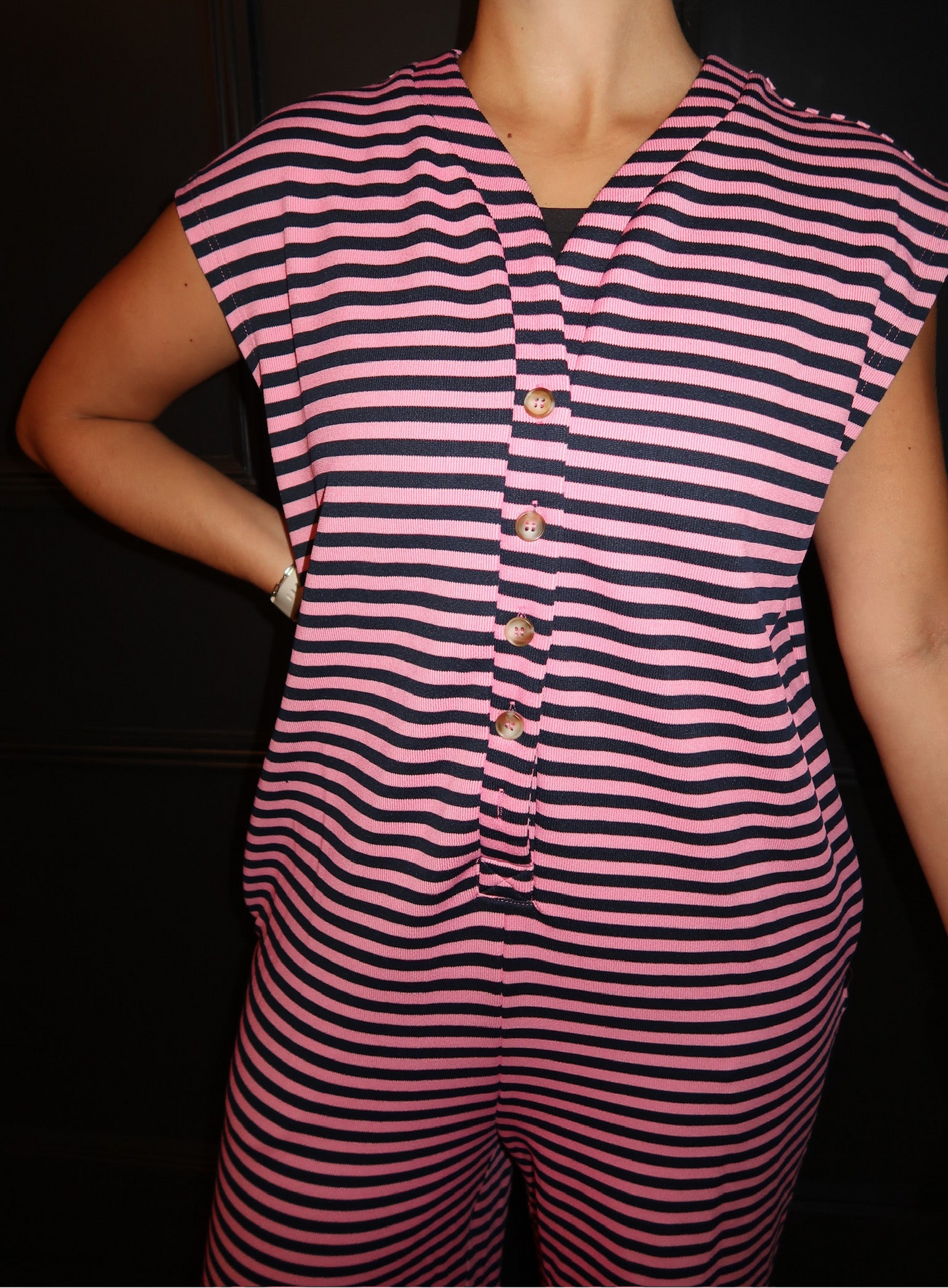 pink striped jumpsuit