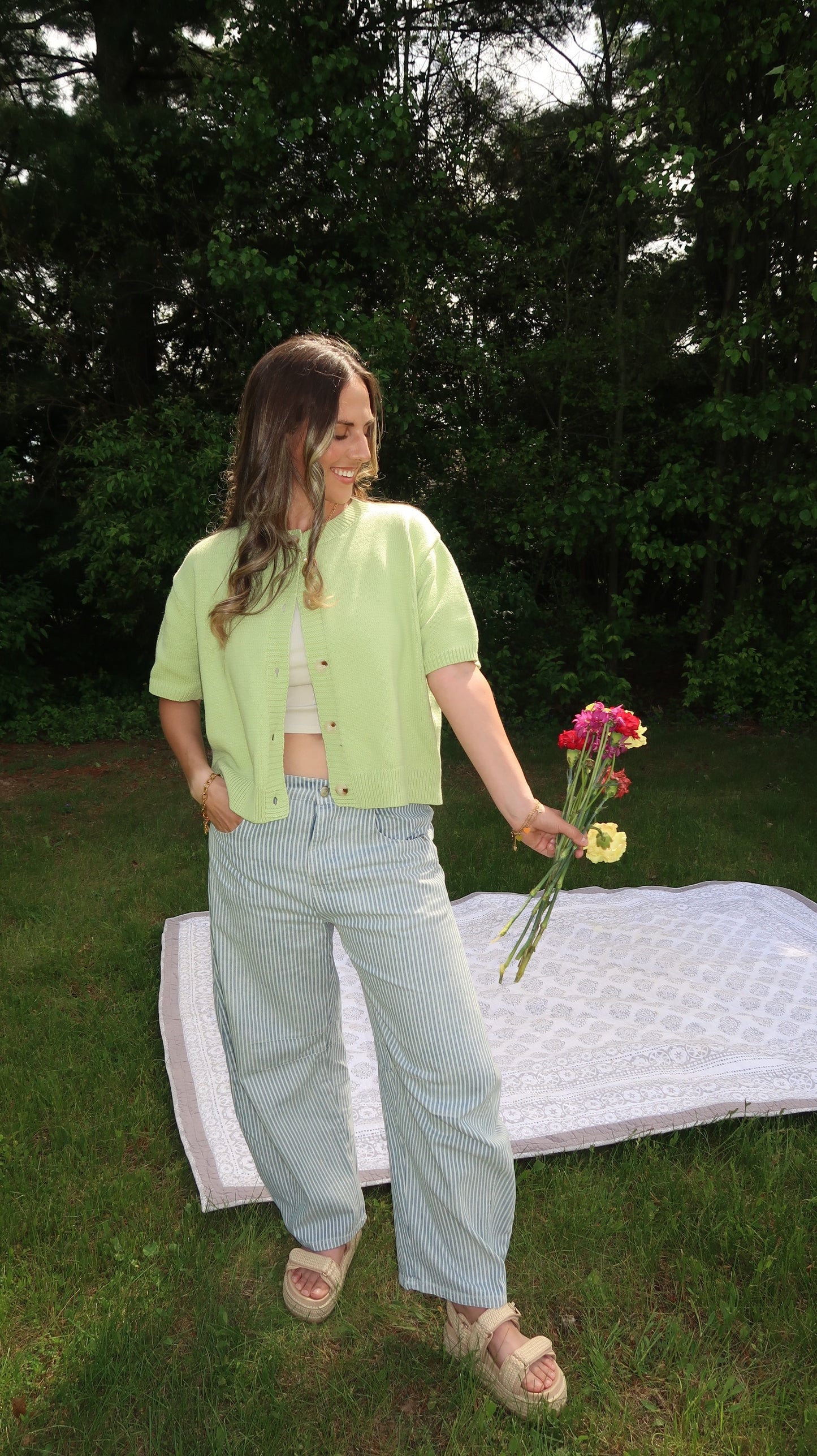 pinstriped barrel jeans
