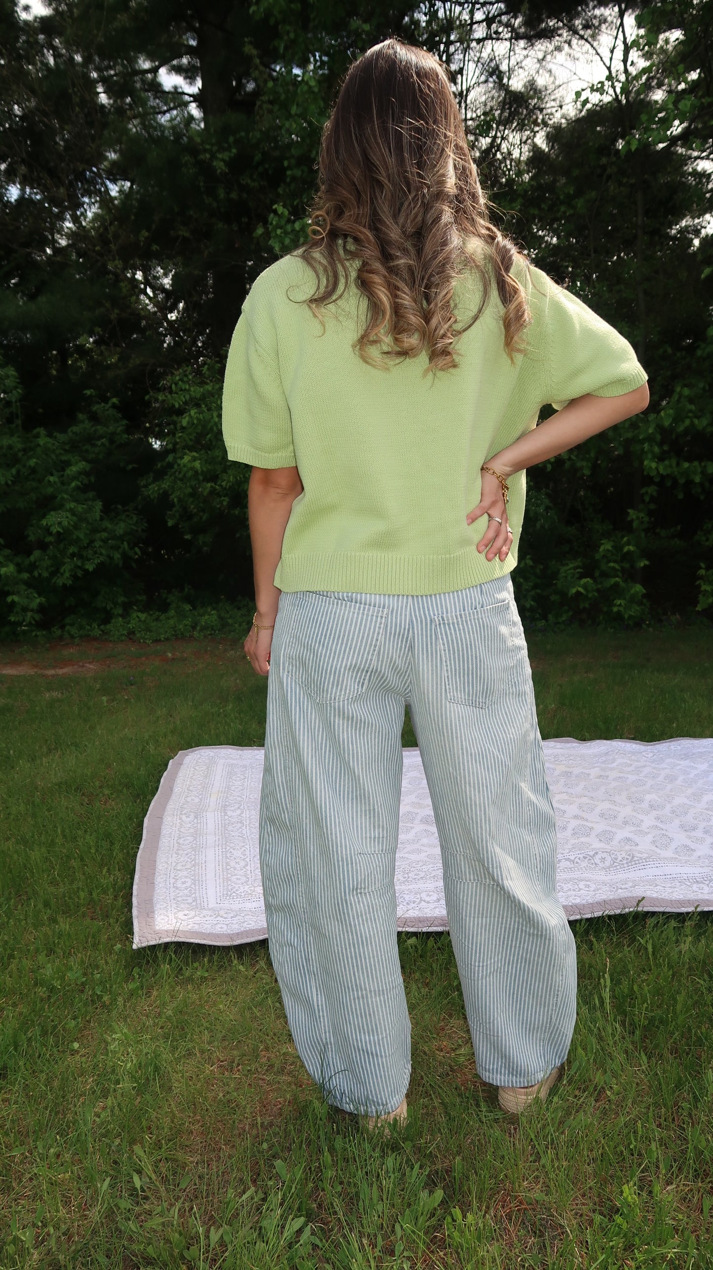 pinstriped barrel jeans