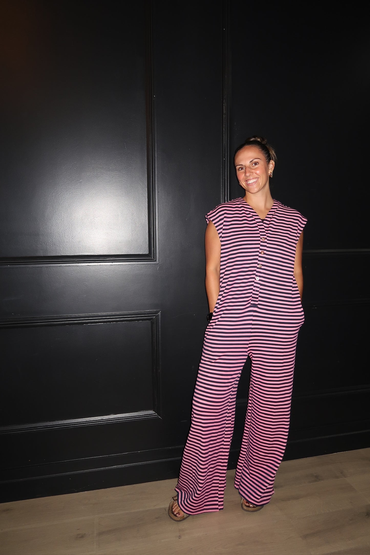 pink striped jumpsuit