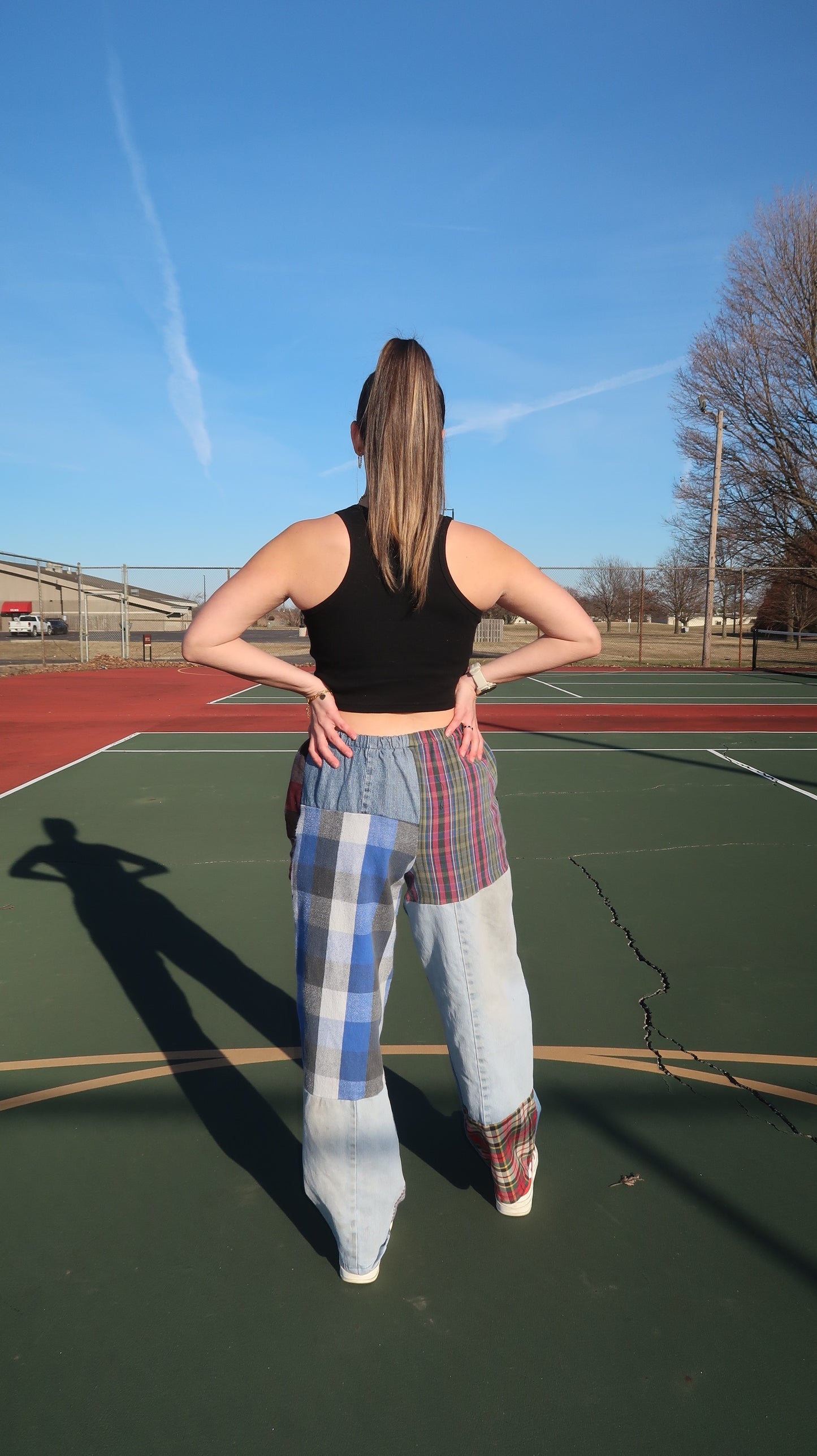 denim patchwork pants- M/L