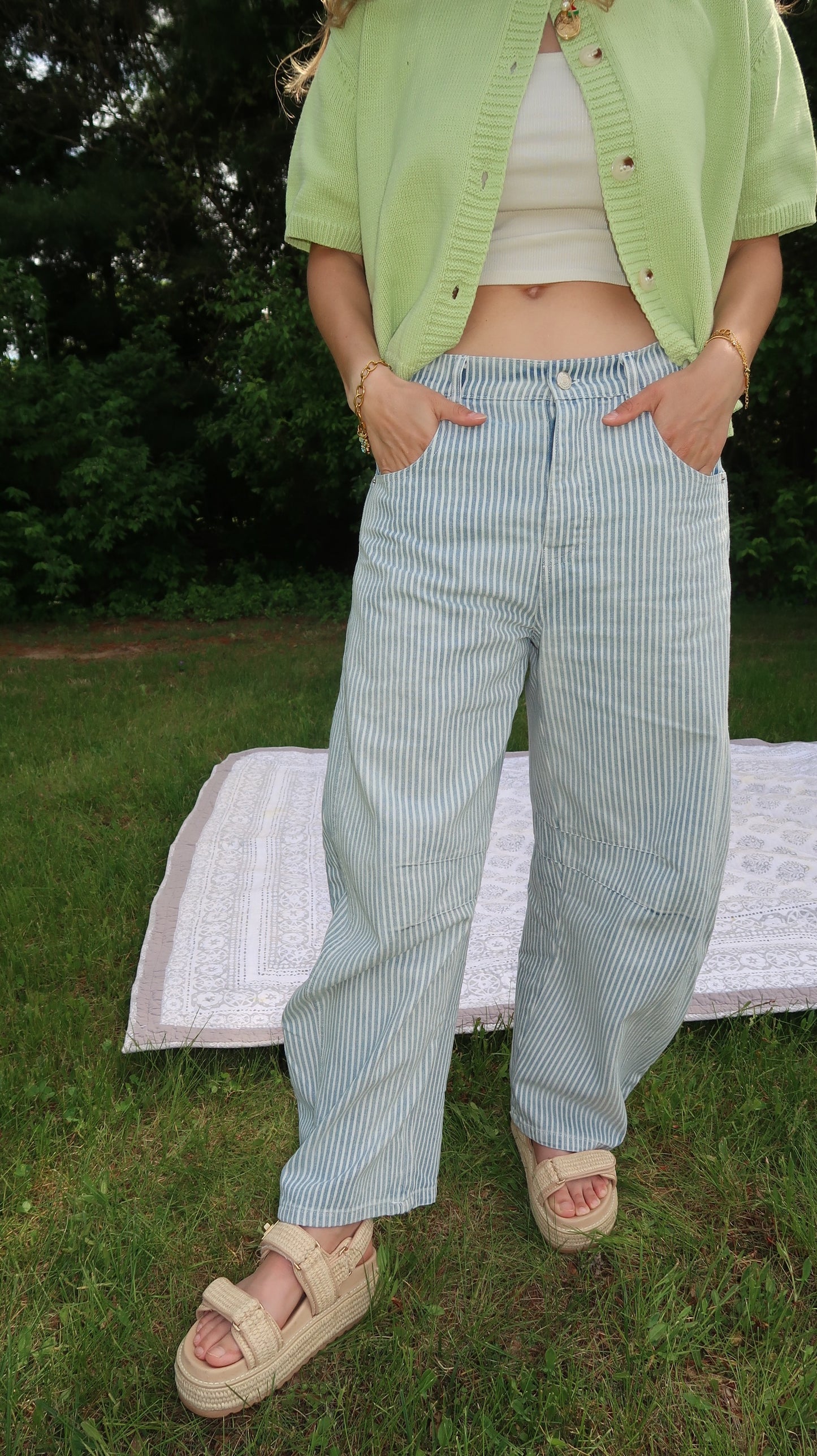pinstriped barrel jeans
