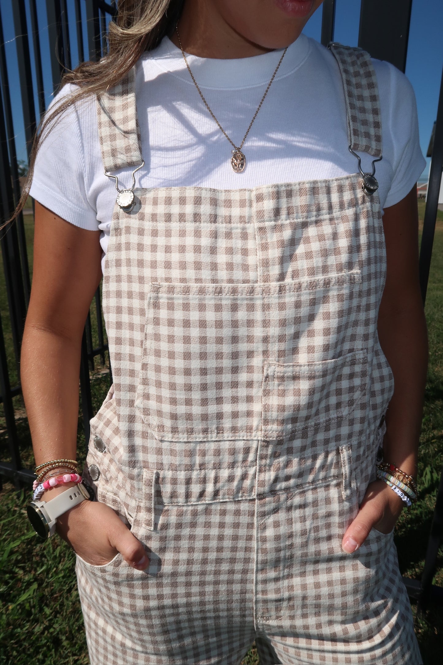 gingham denim overalls
