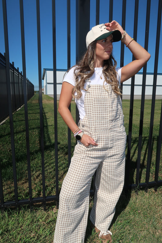 gingham denim overalls