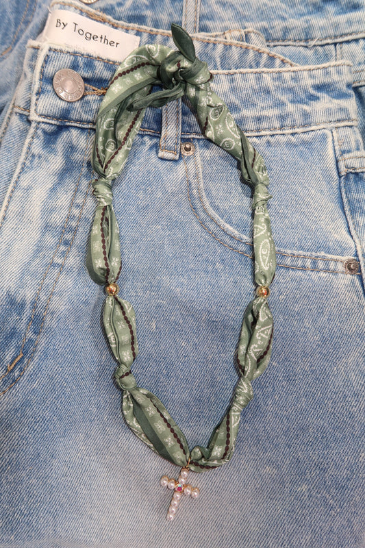 cross green scarf necklace