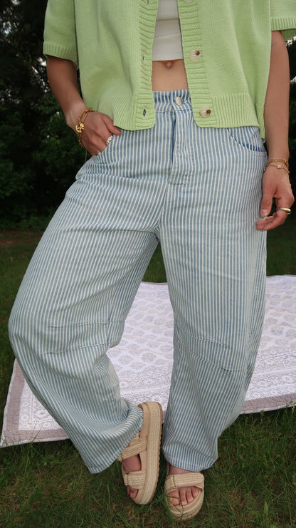 pinstriped barrel jeans
