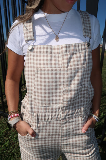 gingham denim overalls